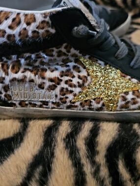 Golden Goose Mid Star Leopard Haircalf Sneaker with Gold Glitter Star